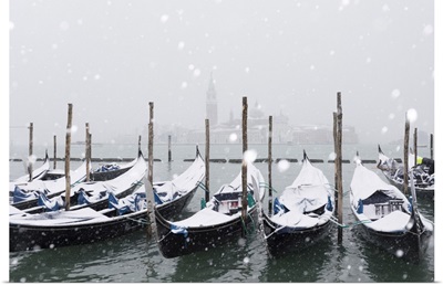 Winter Snowfall With Gondolas And The San Giorgio Maggiore Church, Venice, Italy