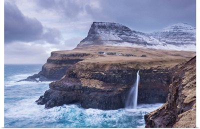 Wintry conditions at Gasadalur on the island of Vagar, Faroe Islands, Denmark