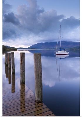 Yacht moored near Lodore boat launch on Derwent Water, Cumbria, England