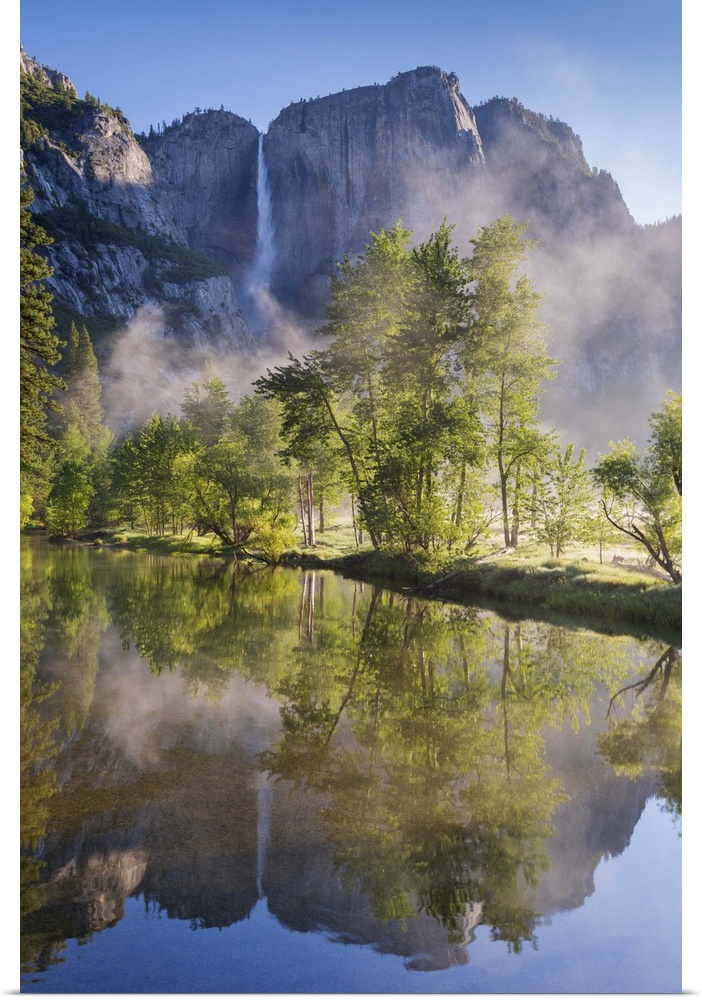 Yosemite Falls reflected in the Merced River at dawn, Yosemite National Park, California, USA. Spring (June) 2015.