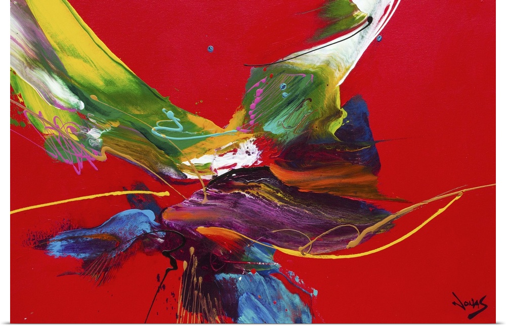 Contemporary abstract painting using splashes of wild and vivid colors against a stark red background.