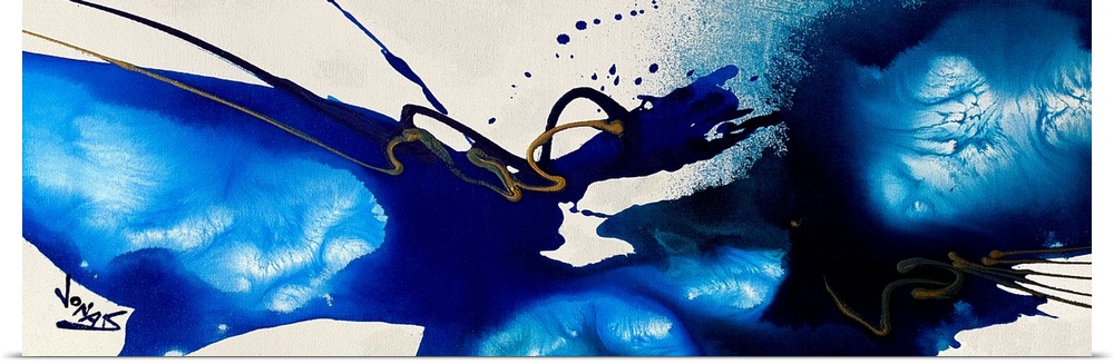 A contemporary abstract painting of a converging of deep blue tones against a neutral background.