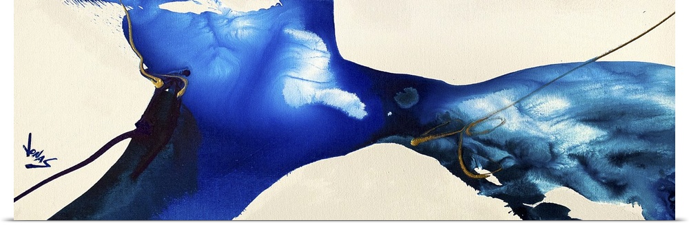 A contemporary abstract painting of a converging of deep blue tones against a neutral background.