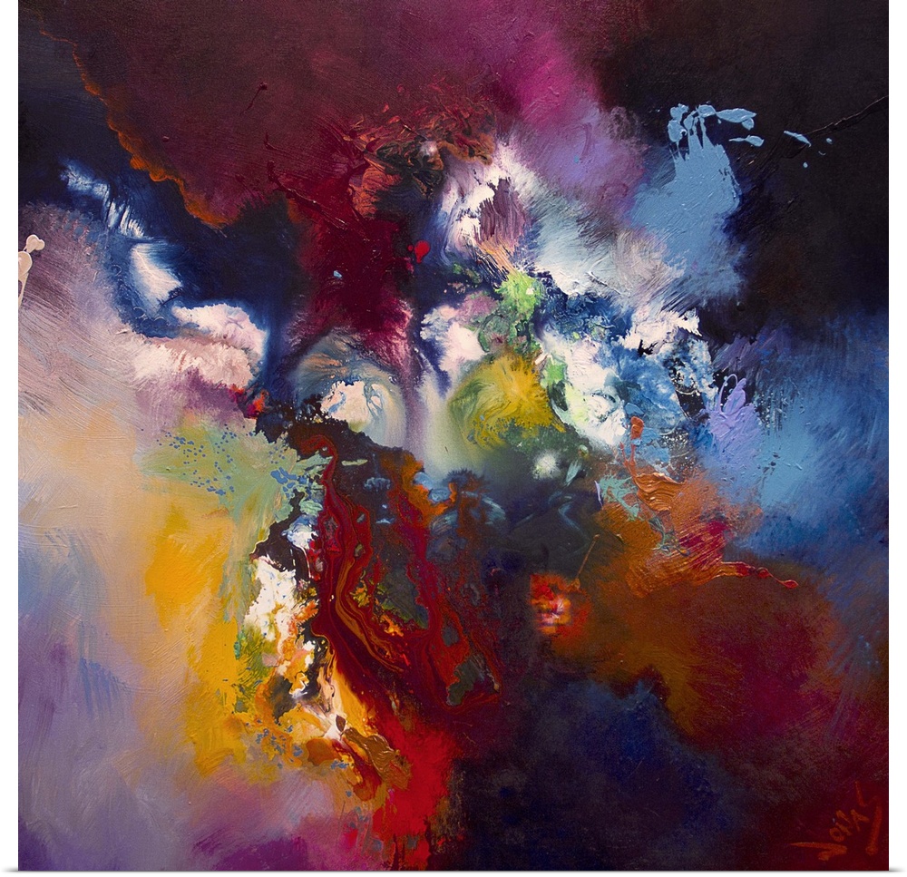 Contemporary abstract painting using wild and vivid colors resembling a nebulae.