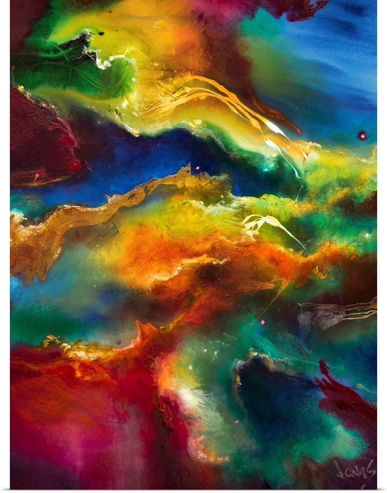 This abstract painting is an intense swirling blend of a vivid rainbow of colors. The artwork is vertical orientation and ...