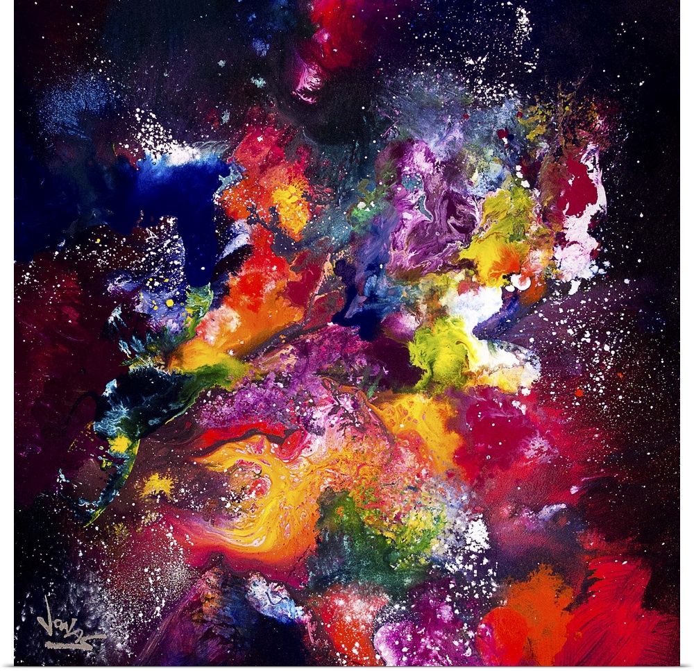 Contemporary abstract painting using a spectrum of color and spattered paint resembling a cosmic nebula.