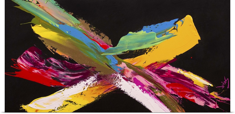A contemporary abstract painting using wide aggressive strokes of colorful paint against a black background.
