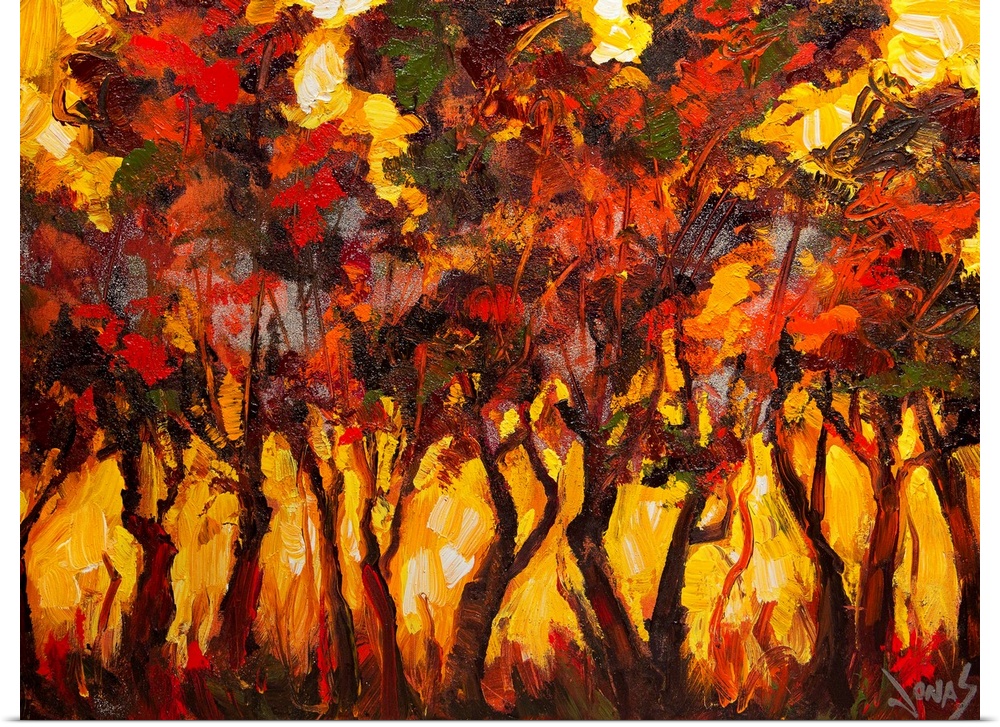 Contemporary artwork for the home or office of trees that have various colors painted for leaves and a golden background.