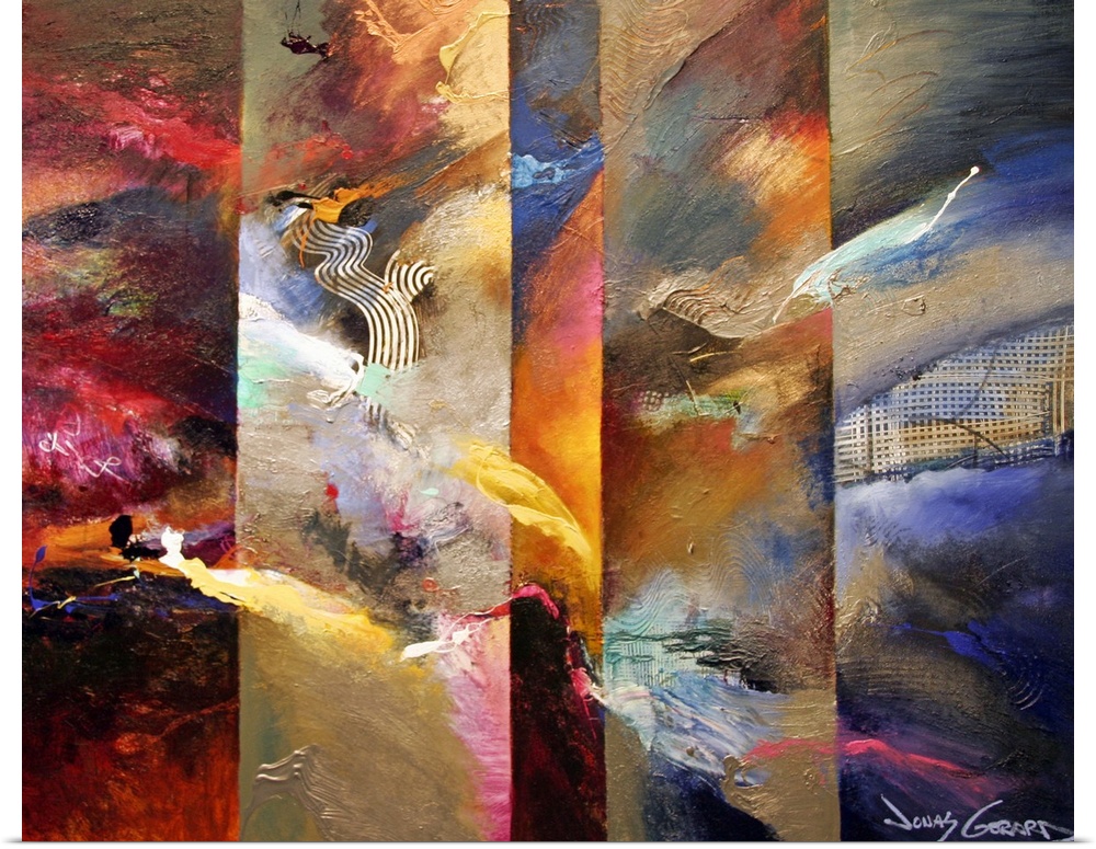 Abstract art piece of several distinct panels with different colors and brushstrokes on them to create whimsical art.