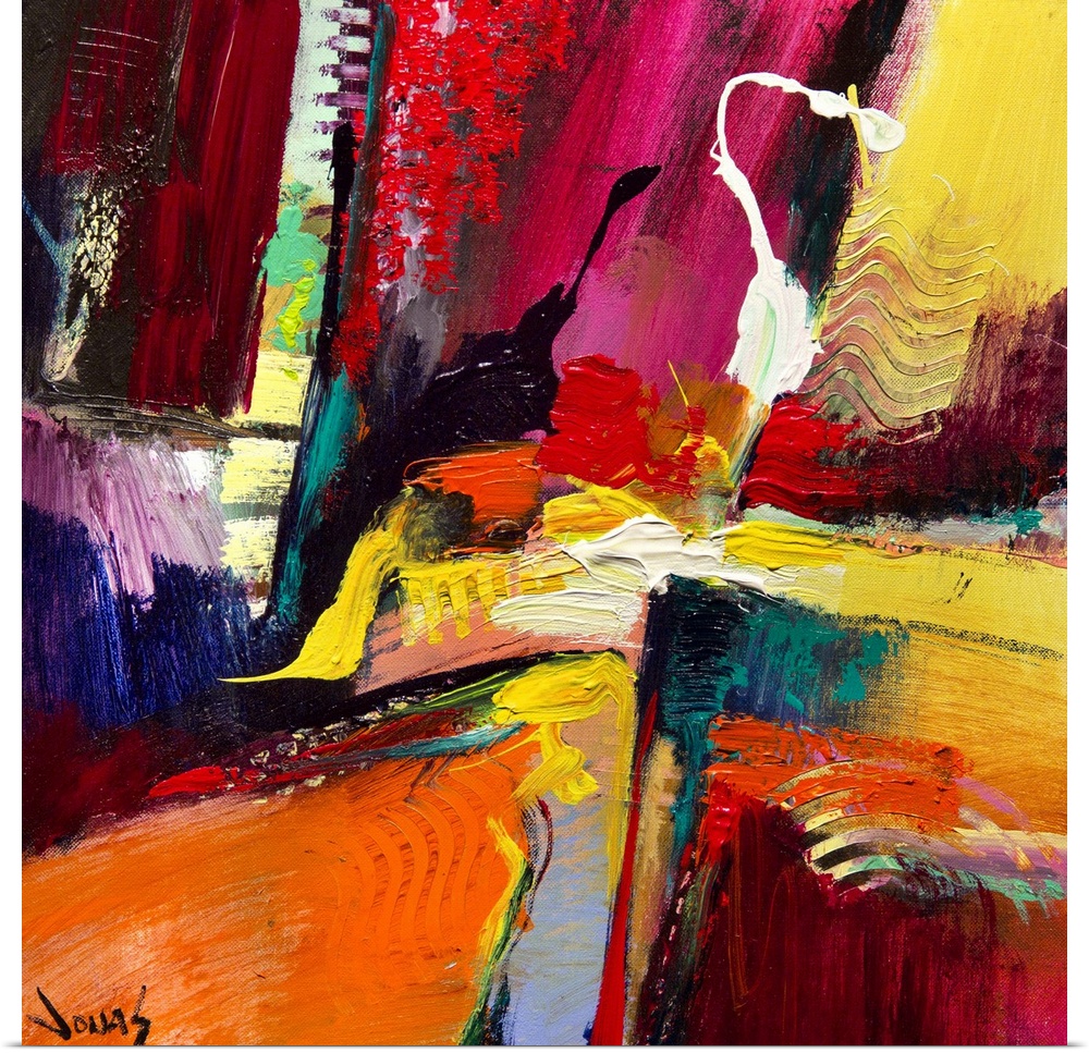 Contemporary abstract painting using wild and vivid colors to create movement and depth.