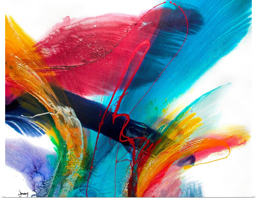 An abstract painting on a square canvas this artwork has a great sense of energy and motion.