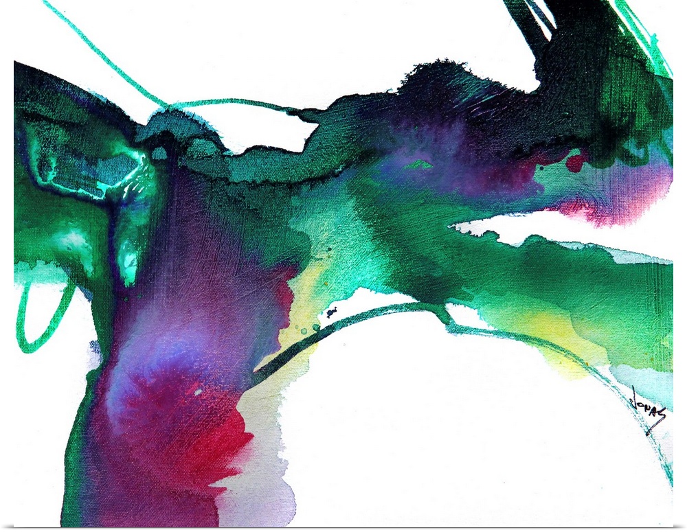 Contemporary abstract painting with splashes of bold emerald color on a plain background, full of motion.