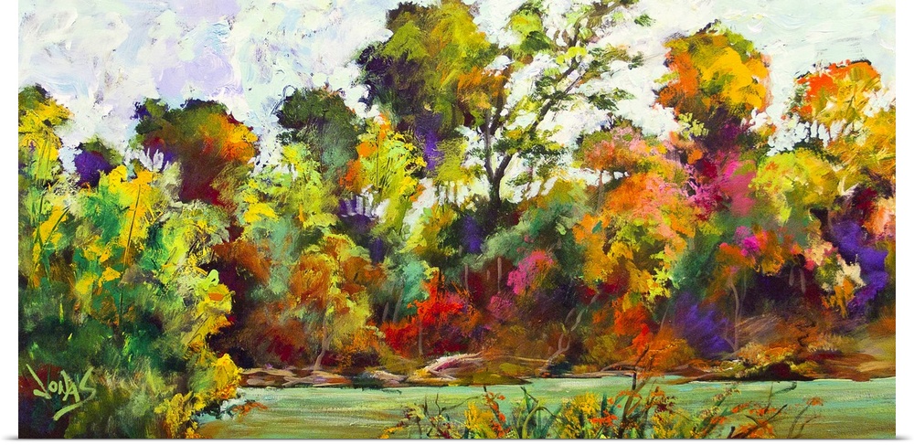 Contemporary painting of a scenic view of a forest in mid color change from the seasons changing.