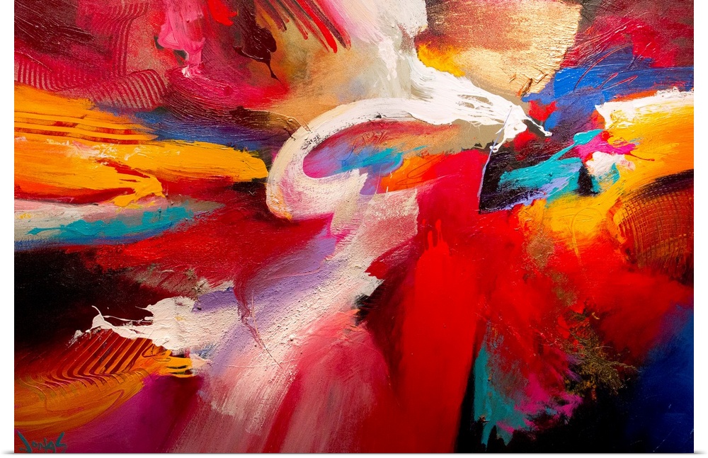 An energetic abstract painting made with thick paint textures and broad brush strokes.