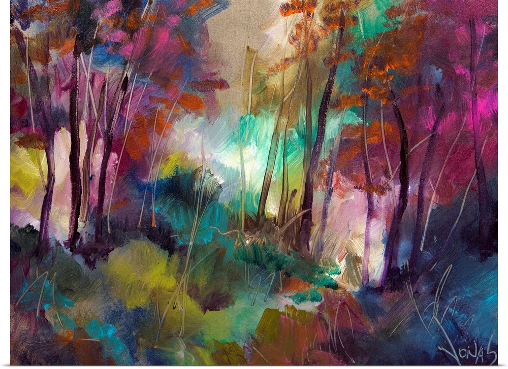 Abstract painting of a forest on canvas with various bright colors.
