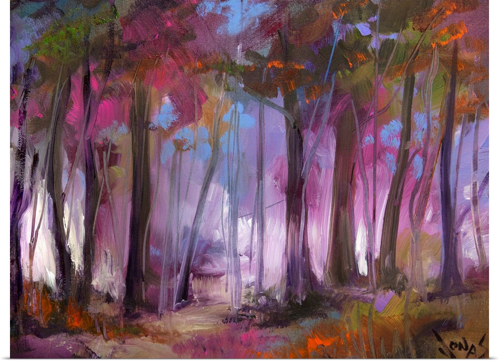 A contemporary painting of a dark forest that has a purple hue over it.