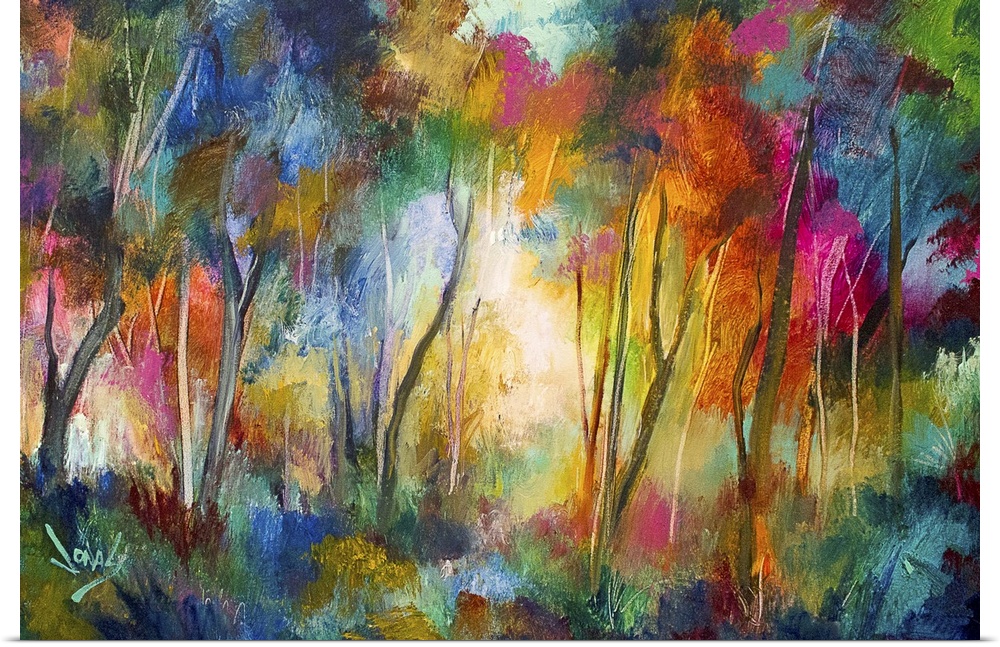 Contemporary painting of a forest grove in a spectrum of color.