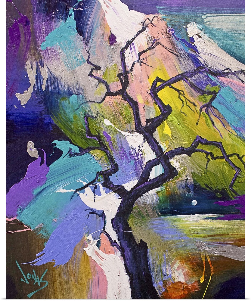 Contemporary abstract painting of a dark tree with gnarled branches against a colorful background.