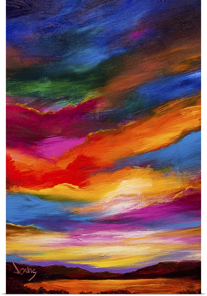 A contemporary painting of a sunset sky ranging in a gamut of color.