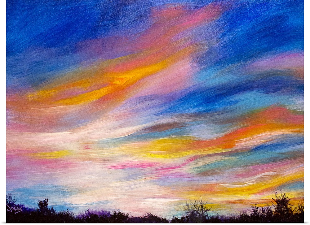 A contemporary painting of a colorful skyscape at sundown.