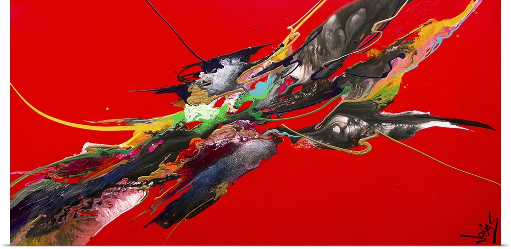 Contemporary abstract painting using splashes of wild and vivid colors against a stark red background.
