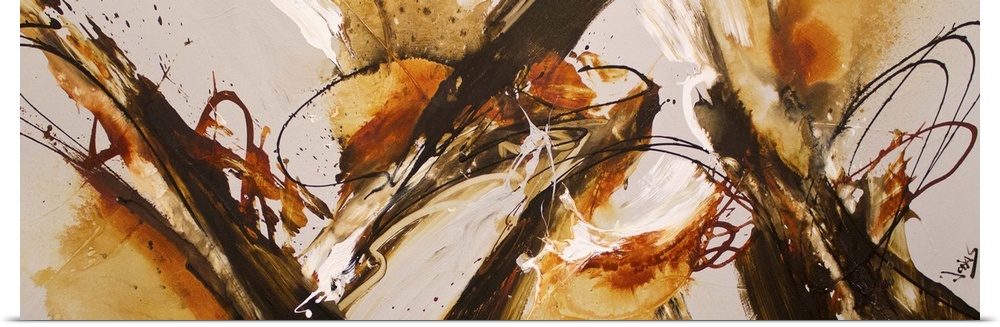 Contemporary abstract painting using earthy tones converging toward the center of the image in a range textures.