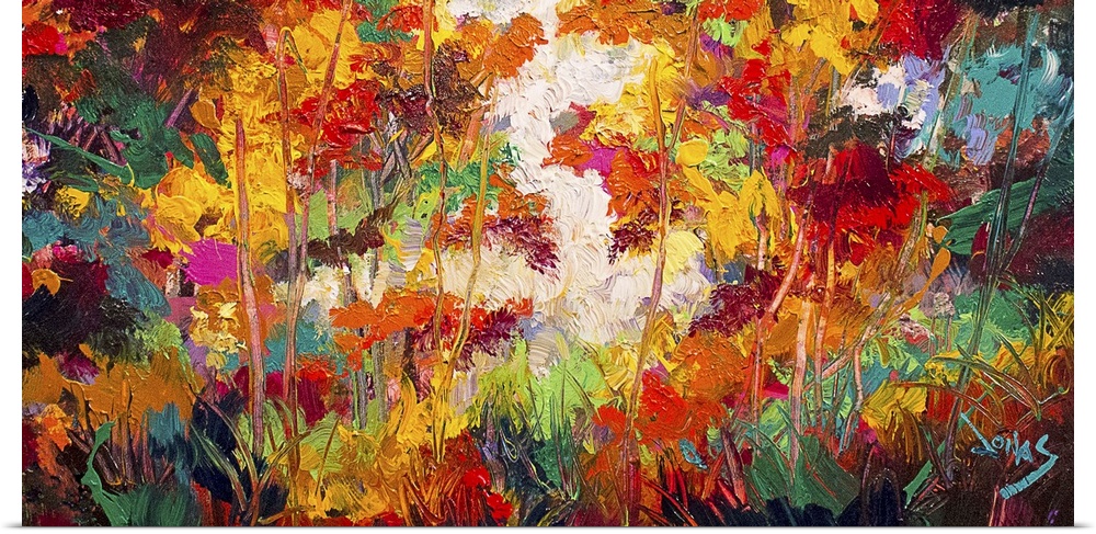 Contemporary abstract painting using a wide spectrum of color and texture resembling a forest.