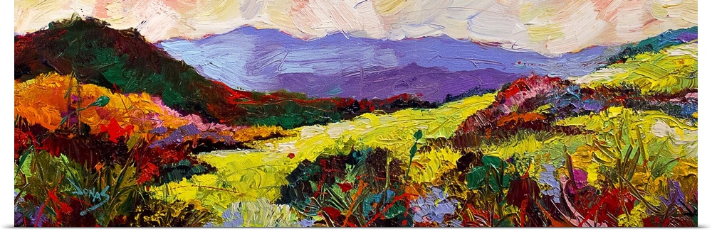 A contemporary painting of a landscape in a wide range of colors.