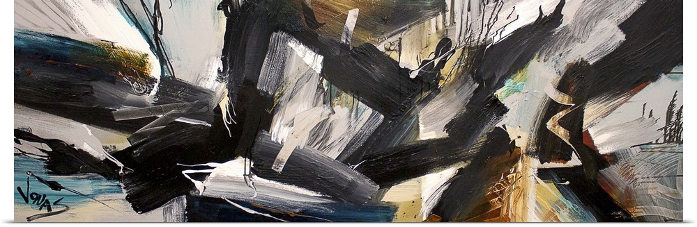 A contemporary abstract painting using bold black segmented strokes against a neutral toned background.