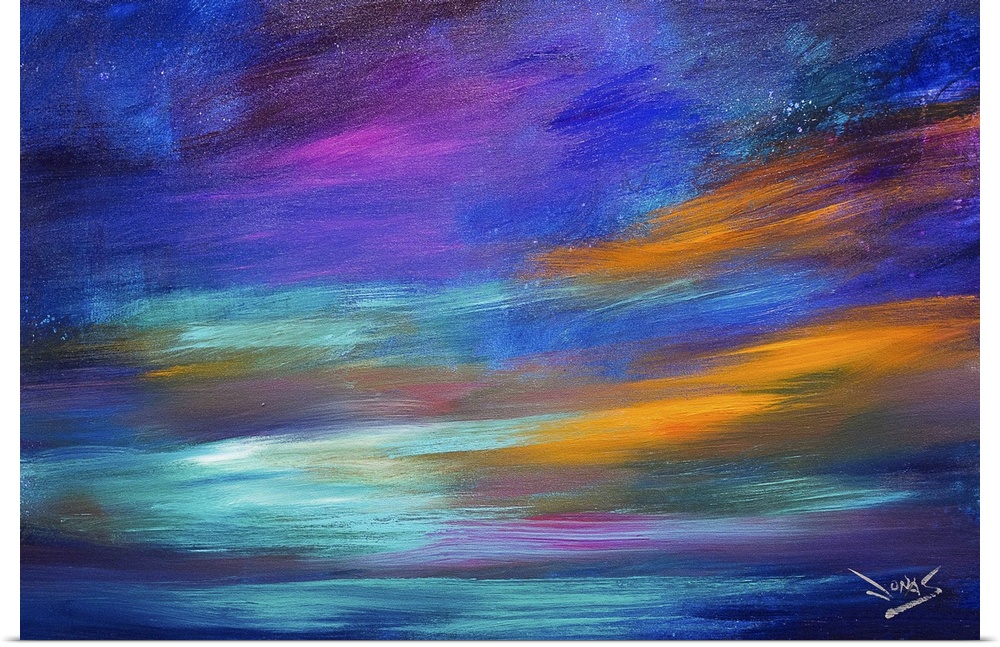 Contemporary colorful abstract painting using a broad spectrum of dark cool colors.