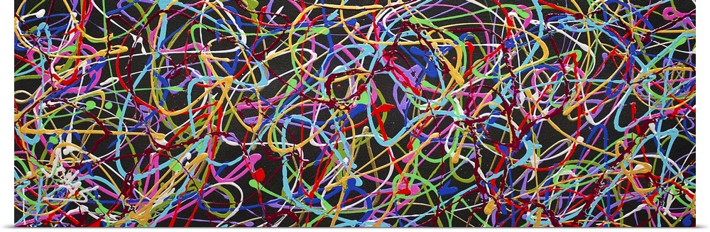 A contemporary abstract painting of a very busy interlocking web of neon colors in thin string-like strokes.