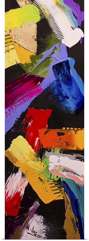 A contemporary abstract painting using wide strokes of vibrant colors in different directions against a black background.
