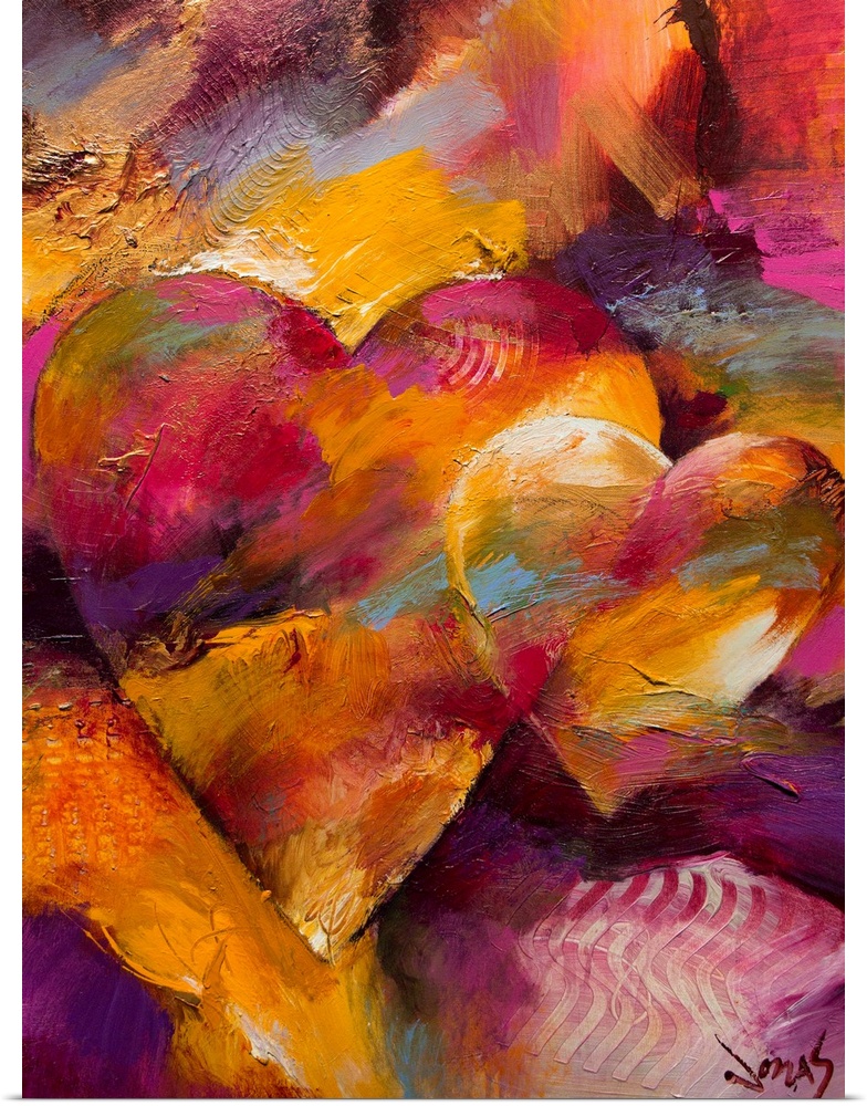 Tall abstract painting of two hearts drawn next to each other with various bright patches of color.