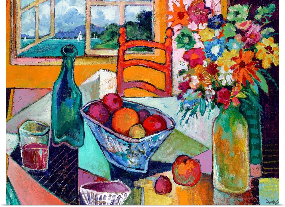 Contemporary art painting of a table with fruit, flowers and wine next to an open window overlooking a sailboat on the water.