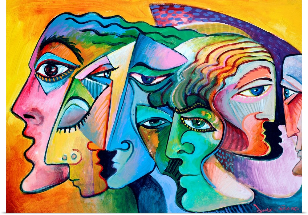 Contemporary painting of the profiles of several figurative inspired faces.
