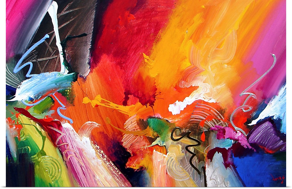 Large abstract painting composed of sharp lines, vibrant colors and lots of movement.