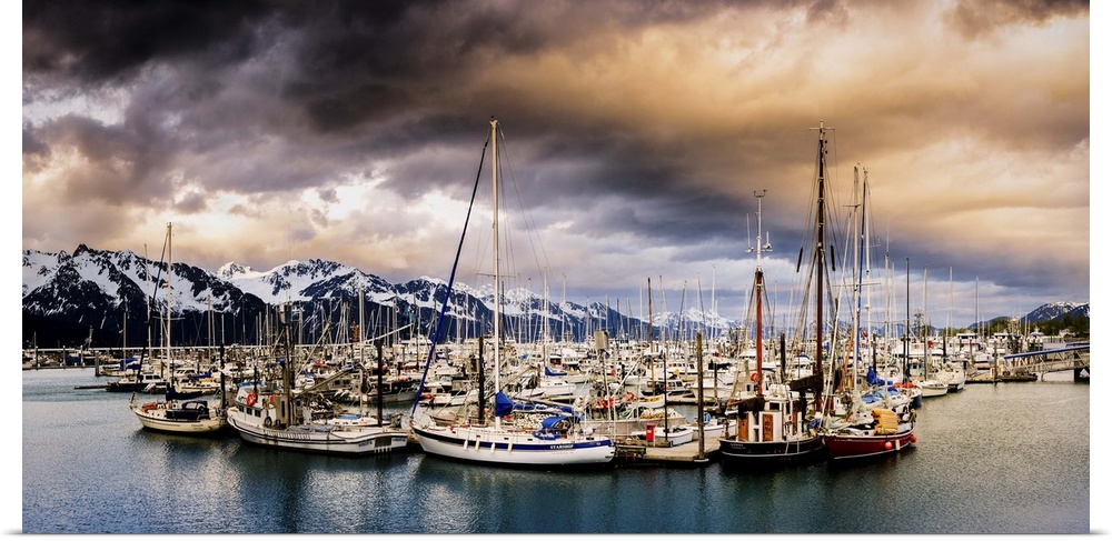 Panoramic photograph of a huge group of sailboats sitting the middle of the water with snow covered mountains in the backg...