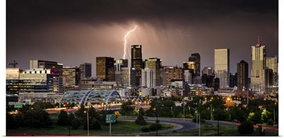 Lightning Strikes the Denver Skyline During a Summer Storm, Colorado