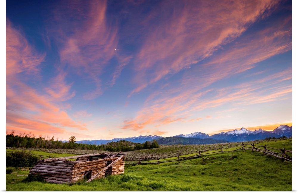 Sun Sets Over An Abandoned Ranch with Snow Capped Tetons, Jackso