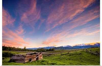 Sun Sets Over An Abandoned Ranch with Snow Capped Tetons, Jackso