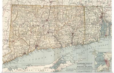 Connecticut and Rhode Island - Vintage Map