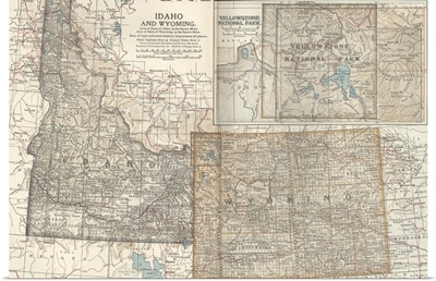 Idaho and Wyoming, with Yellowstone National Park - Vintage Map