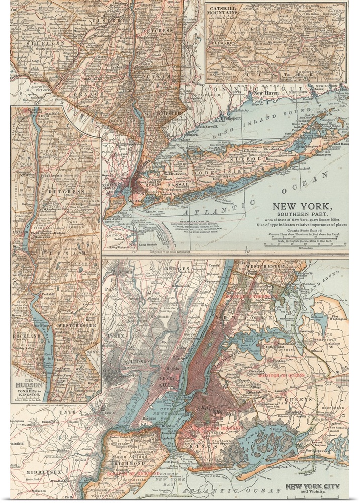 New York, Southern Part, and New York City - Vintage Map