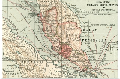 Straits Settlements of Malay Peninsula - Vintage Map