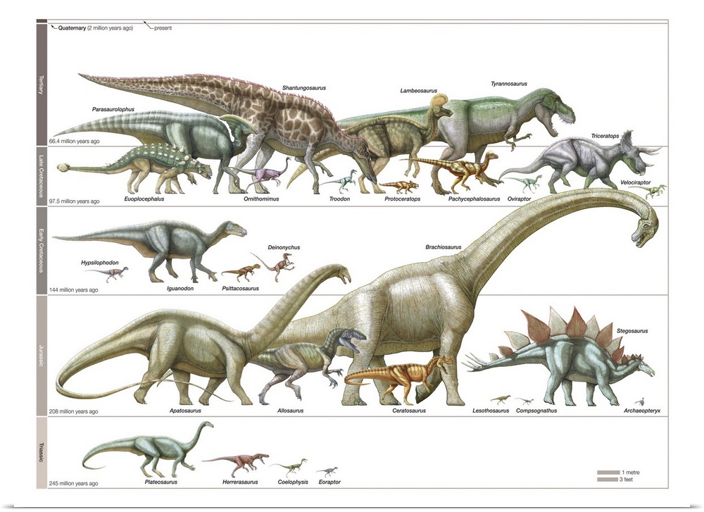 An educational poster from Encyclopaedia Britannica of a timeline of dinosaurs.