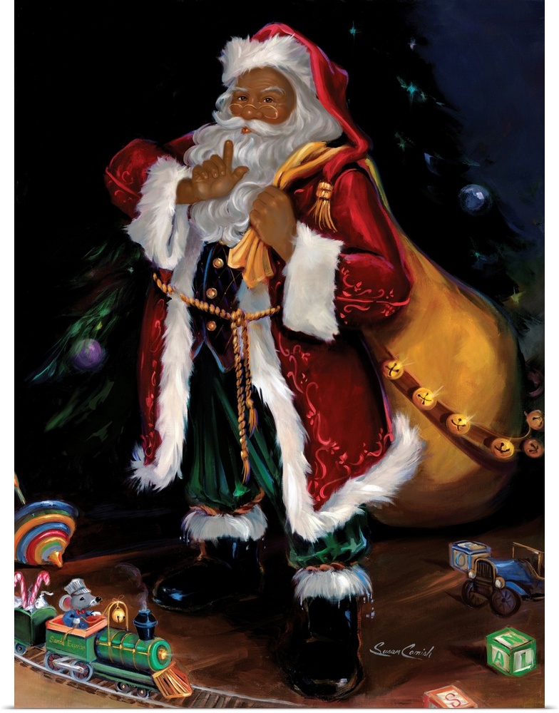 Fine art painting of Santa Claus holding a bag with toys on the floor.