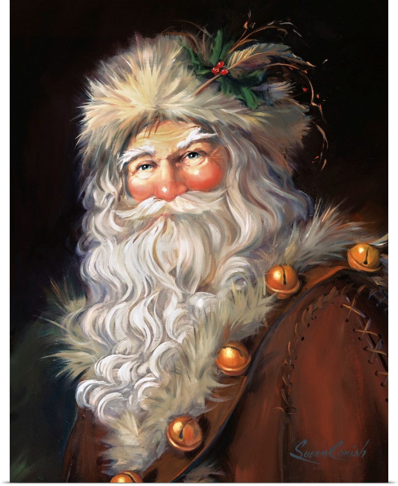 Fine art painting of Santa Claus wearing a fur hat and jacket.