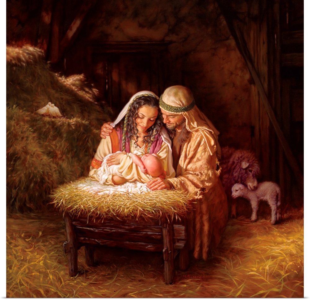 Fine art painting of Mary and Joseph holding Jesus over a manger in a barn with animals and hay.