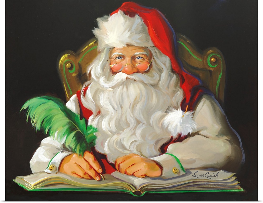 Painting of Santa writing with a green feathered pen.