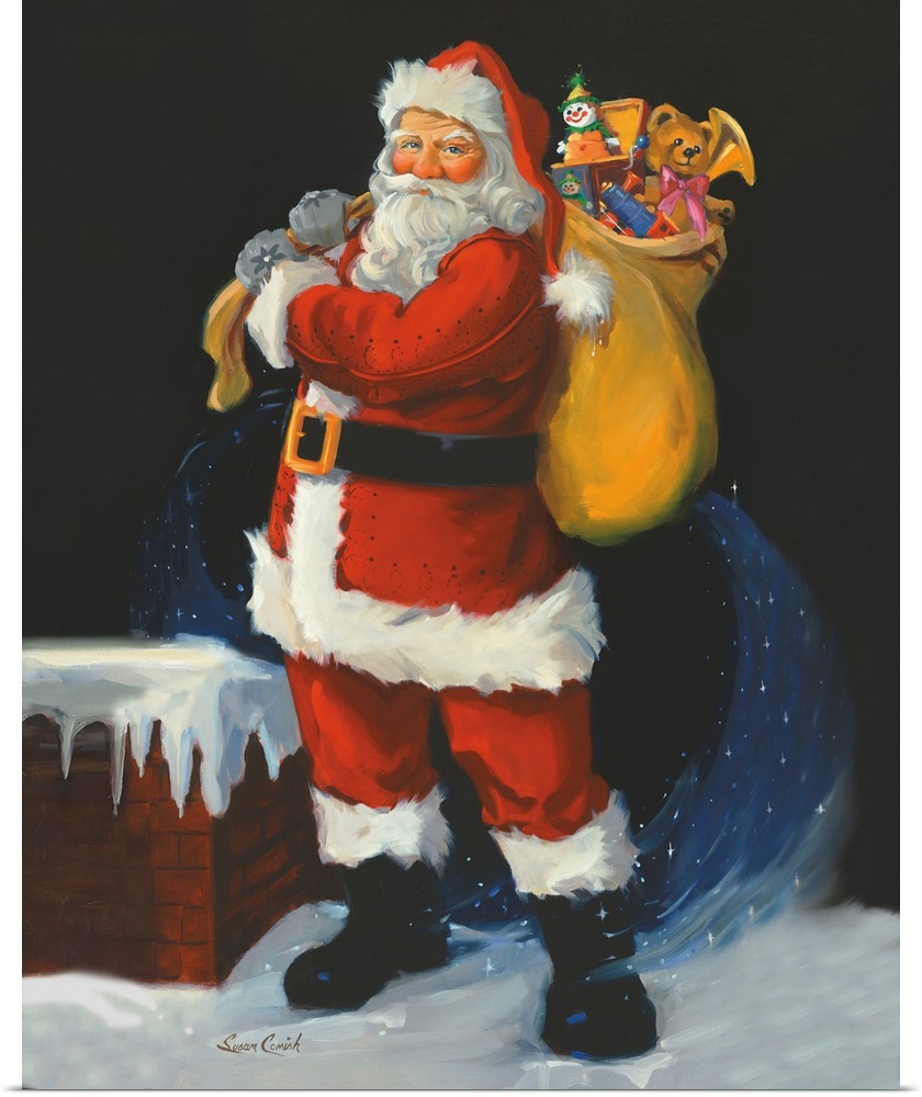 Painting of Santa Claus holding a bag of toys.
